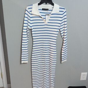 Knit Polo-Style Long Sleeve Dress in White & Blue Stripes